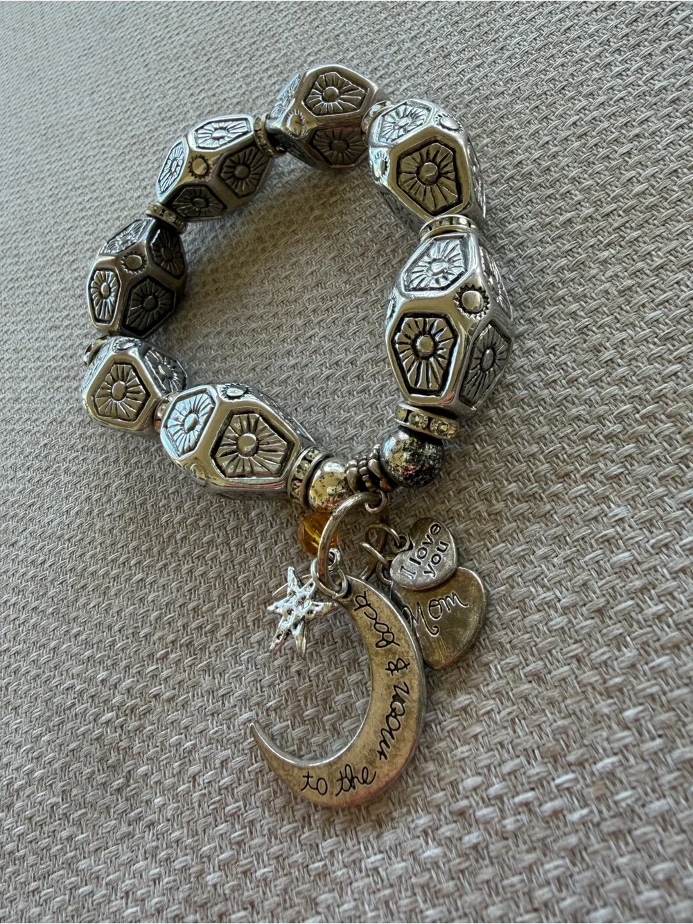 Multi Charm Beaded Bracelet Silver Beads Pave Crystal Spacers Mom Themed Charms